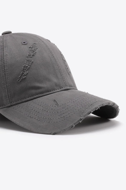 Distressed baseball cap crown shape detail