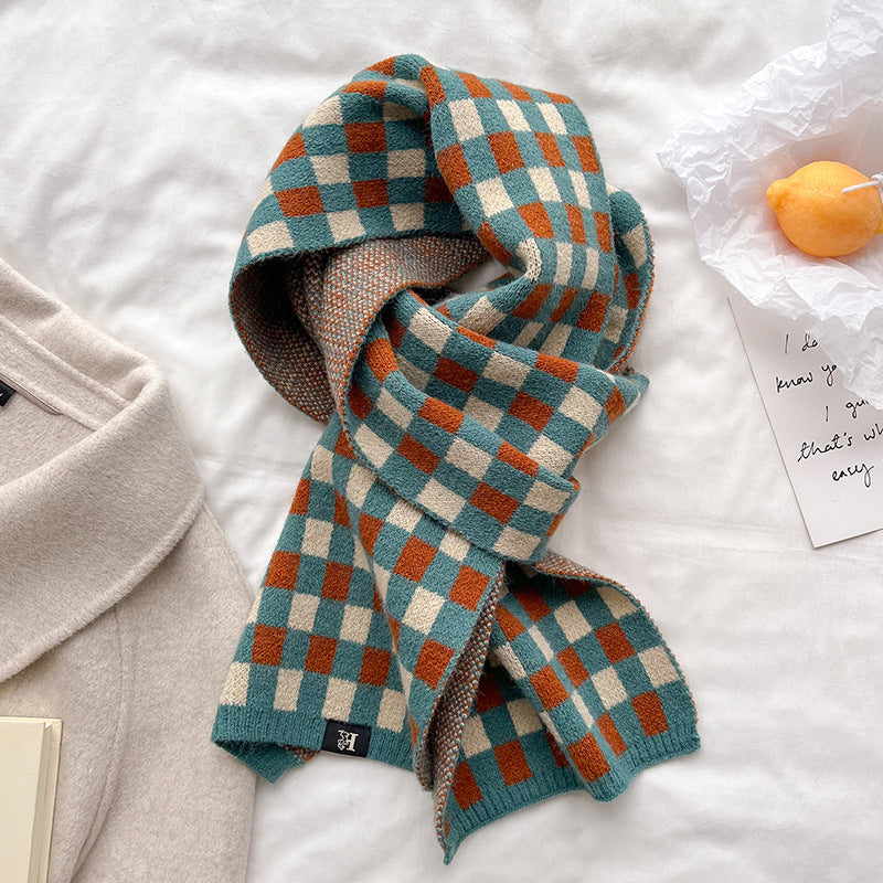Blue green and orange checkerboard scarf with ribbed ends