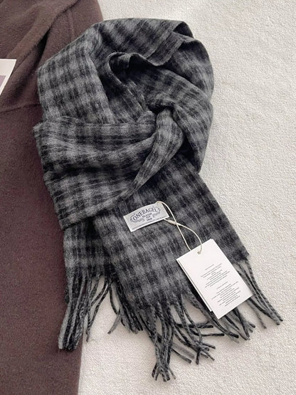 Unisex Fine Plaid Wool Fringe Scarf — dark checked scarf arranged in a soft loop