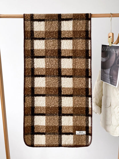 Unisex Textured Plaid Knit Scarf — terracotta plaid scarf hanging flat at full length