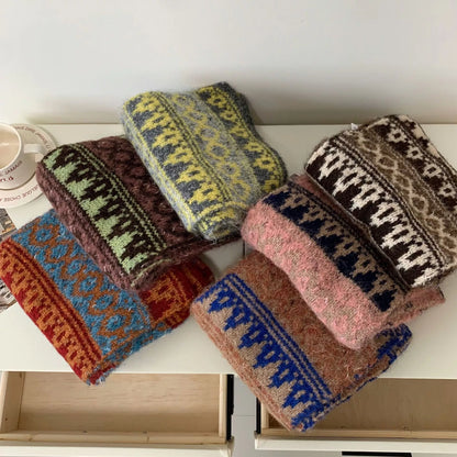 Unisex Vintage Knitted Pattern Warm Scarf — assortment of colorful vintage motif scarves displayed together