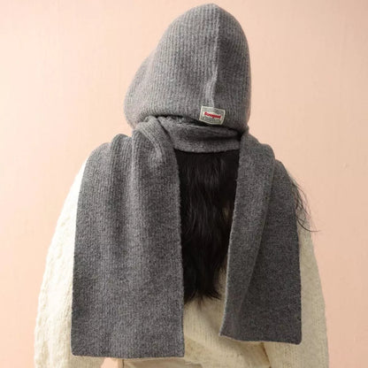 Unisex Hooded Tie Knit Scarf — back view showing the gray hood and long scarf sections