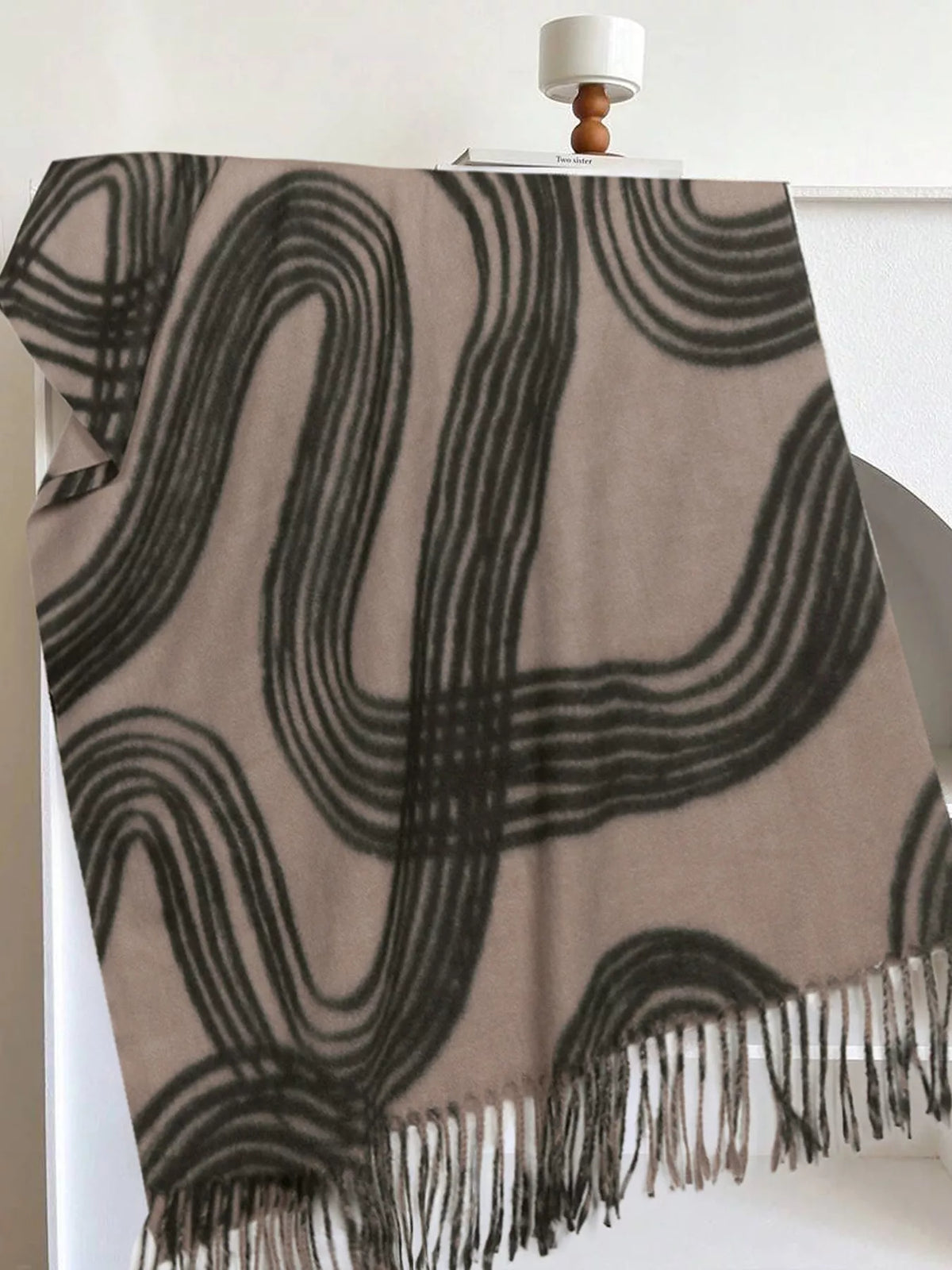 Unisex Geometric Patterned Fringe Scarf — khaki scarf with dark flowing geometric lines