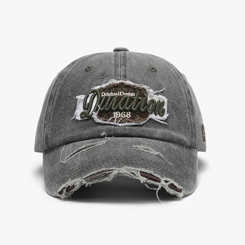 Unisex Army Green Distressed Embroidered Washed Cotton Baseball Cap back detail