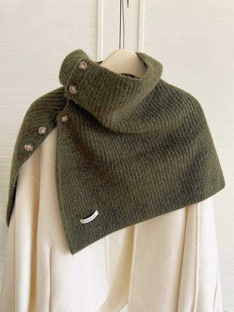 Women's High Neck Buttoned Knit Cape Shawl — dark green knitted cape with raised collar