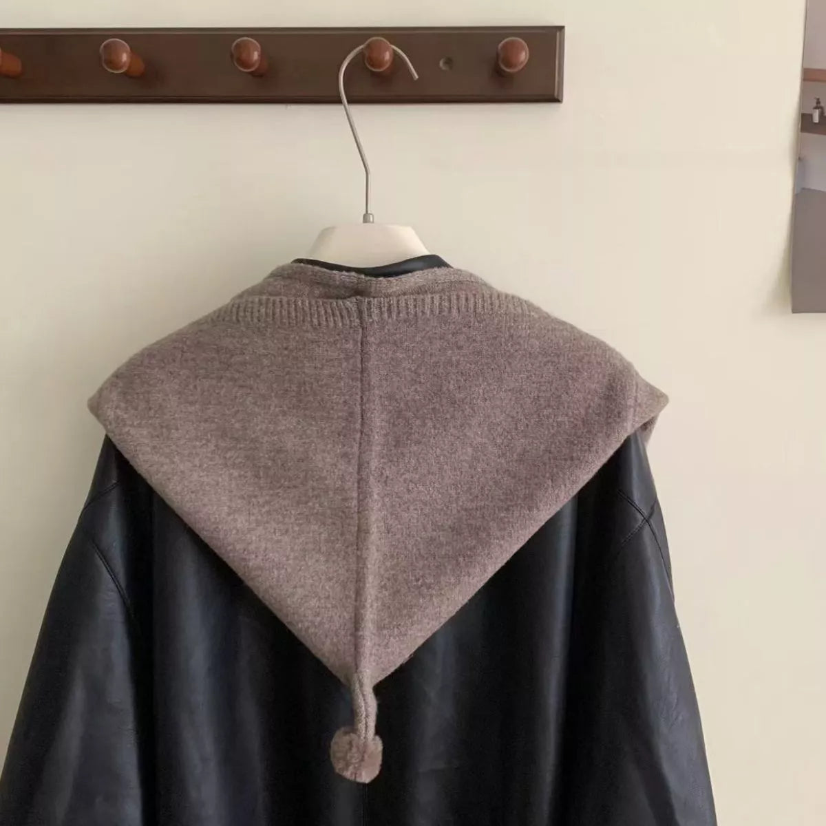 Unisex Knitted Hooded Scarf — taupe hooded scarf showing pointed back and pom-pom detail