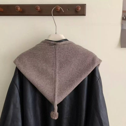 Unisex Knitted Hooded Scarf — taupe hooded scarf showing pointed back and pom-pom detail