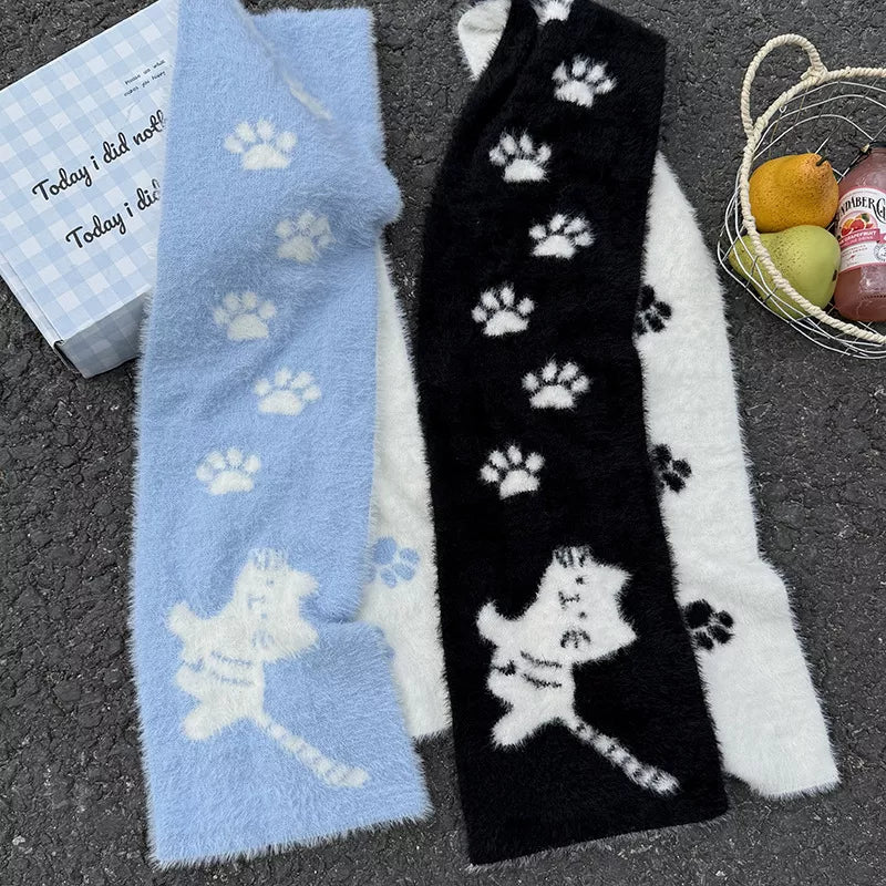 Unisex Cat Paw Pattern Scarf — blue and black scarves showing large cat silhouettes