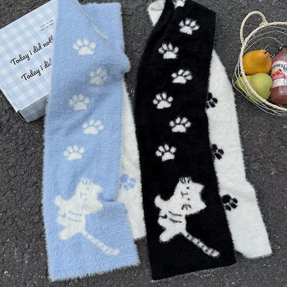 Unisex Cat Paw Pattern Scarf — blue and black scarves showing large cat silhouettes