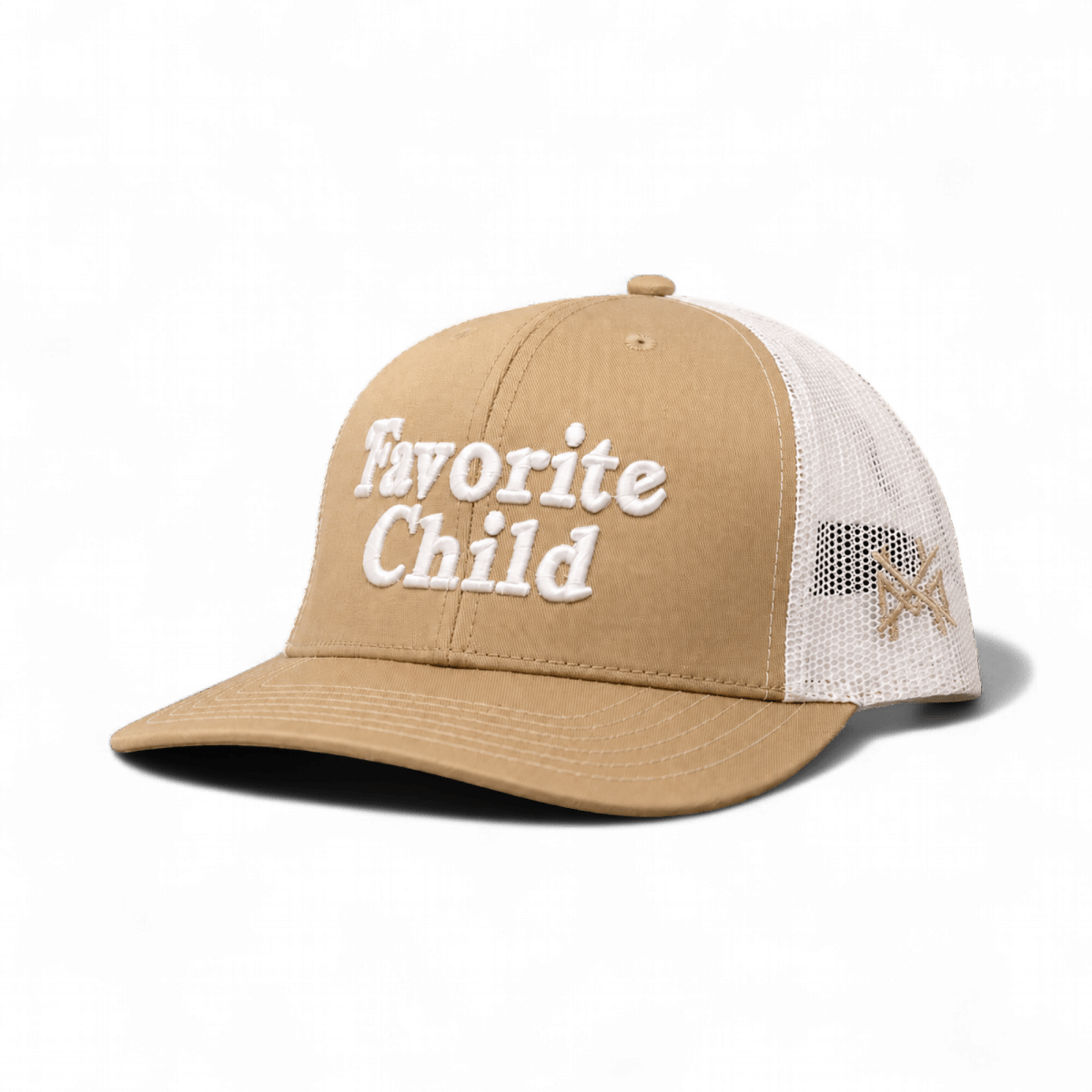 The Mad Hatter Company Favorite Child Snapback Hat, khaki front and white mesh with Favorite Child embroidery