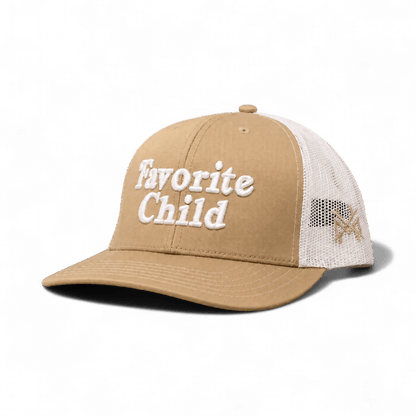 The Mad Hatter Company Favorite Child Snapback Hat, khaki front and white mesh with Favorite Child embroidery
