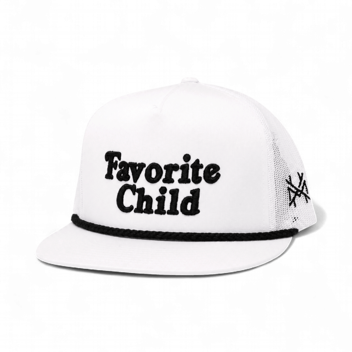 The Mad Hatter Company Favorite Child Snapback Hat, white flat-bill cap with black rope and lettering