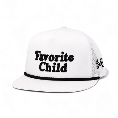The Mad Hatter Company Favorite Child Snapback Hat, white flat-bill cap with black rope and lettering