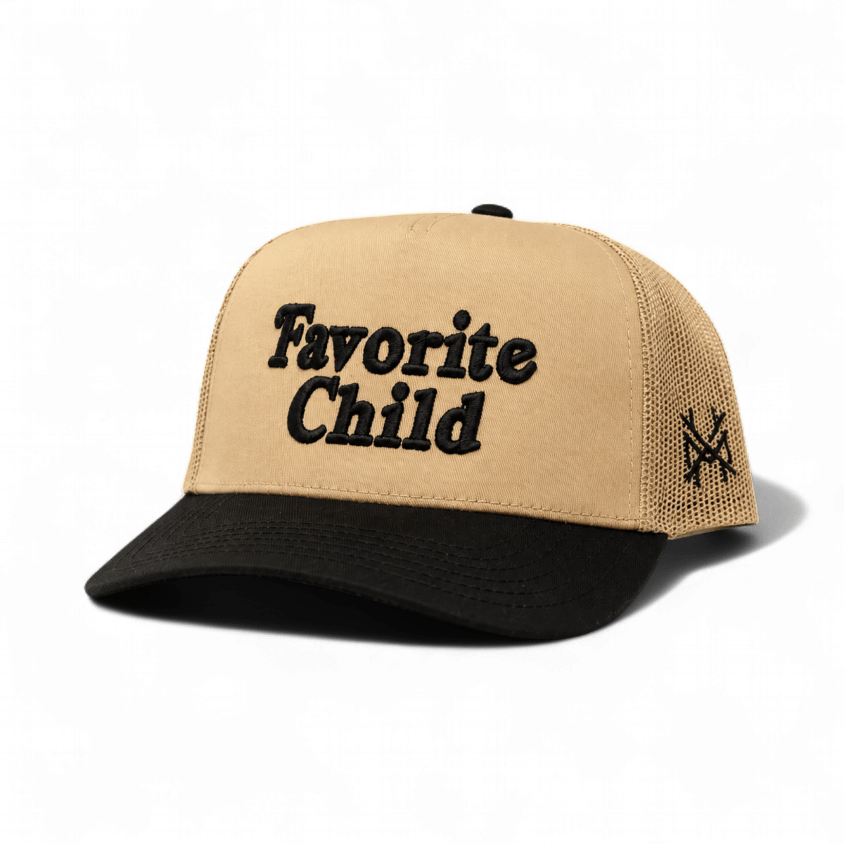 The Mad Hatter Company Favorite Child Snapback Hat, tan crown with a dark brim and white mesh