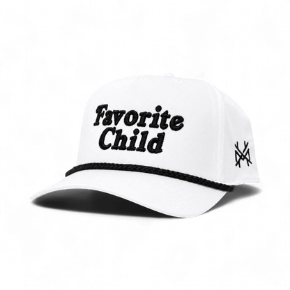 The Mad Hatter Company Favorite Child Snapback Hat, white cap with black rope and curved brim