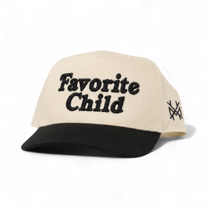 The Mad Hatter Company Favorite Child Snapback Hat, natural crown with a black brim and Favorite Child lettering