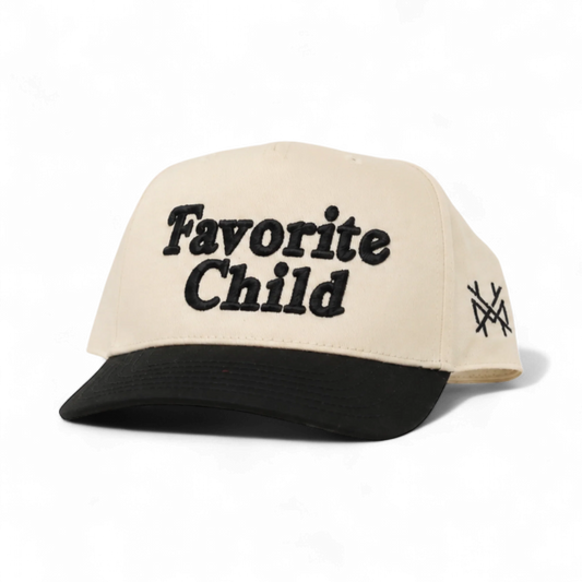 The Mad Hatter Company Favorite Child Snapback Hat, natural crown with a black brim and Favorite Child lettering