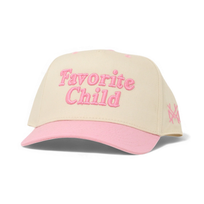 The Mad Hatter Company Favorite Child Snapback Hat, natural crown with a pink bill and pink lettering