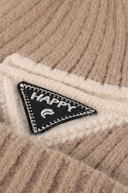 Beige HAPPY contrast beanie soft cuff detail