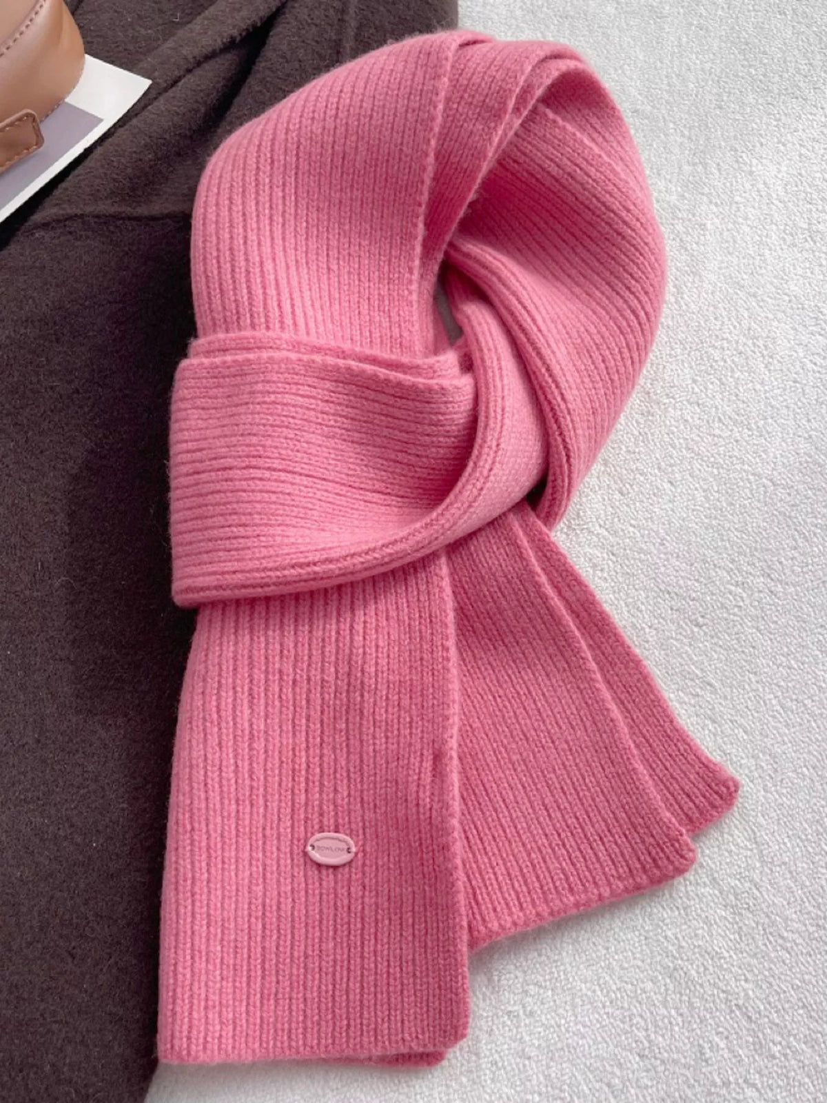 Unisex Pure Wool Soft Knit Scarf — rose pink scarf with ribbed borders