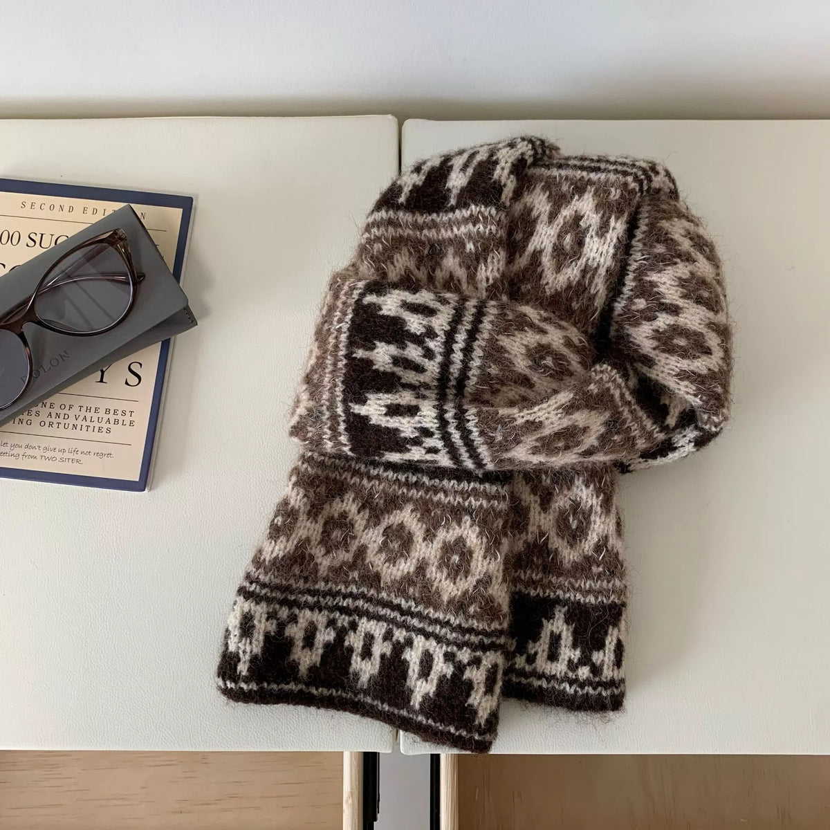 Unisex Vintage Knitted Pattern Warm Scarf — brown and cream patterned scarf in a relaxed loop