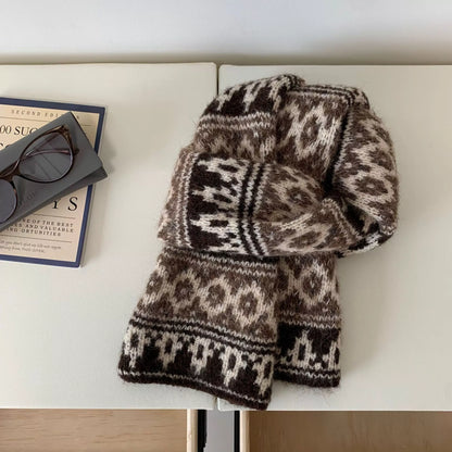 Unisex Vintage Knitted Pattern Warm Scarf — brown and cream patterned scarf in a relaxed loop