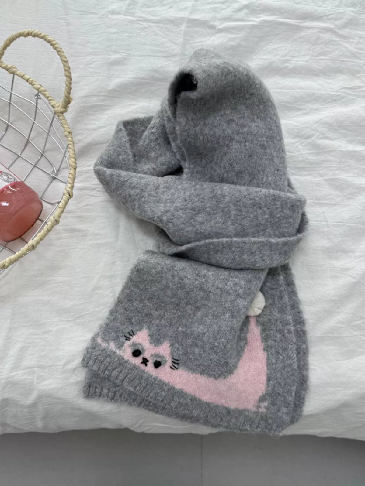Unisex Playful Cat Knit Scarf — gray cat scarf tied with the decorated end forward