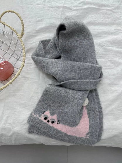 Unisex Playful Cat Knit Scarf — gray cat scarf tied with the decorated end forward