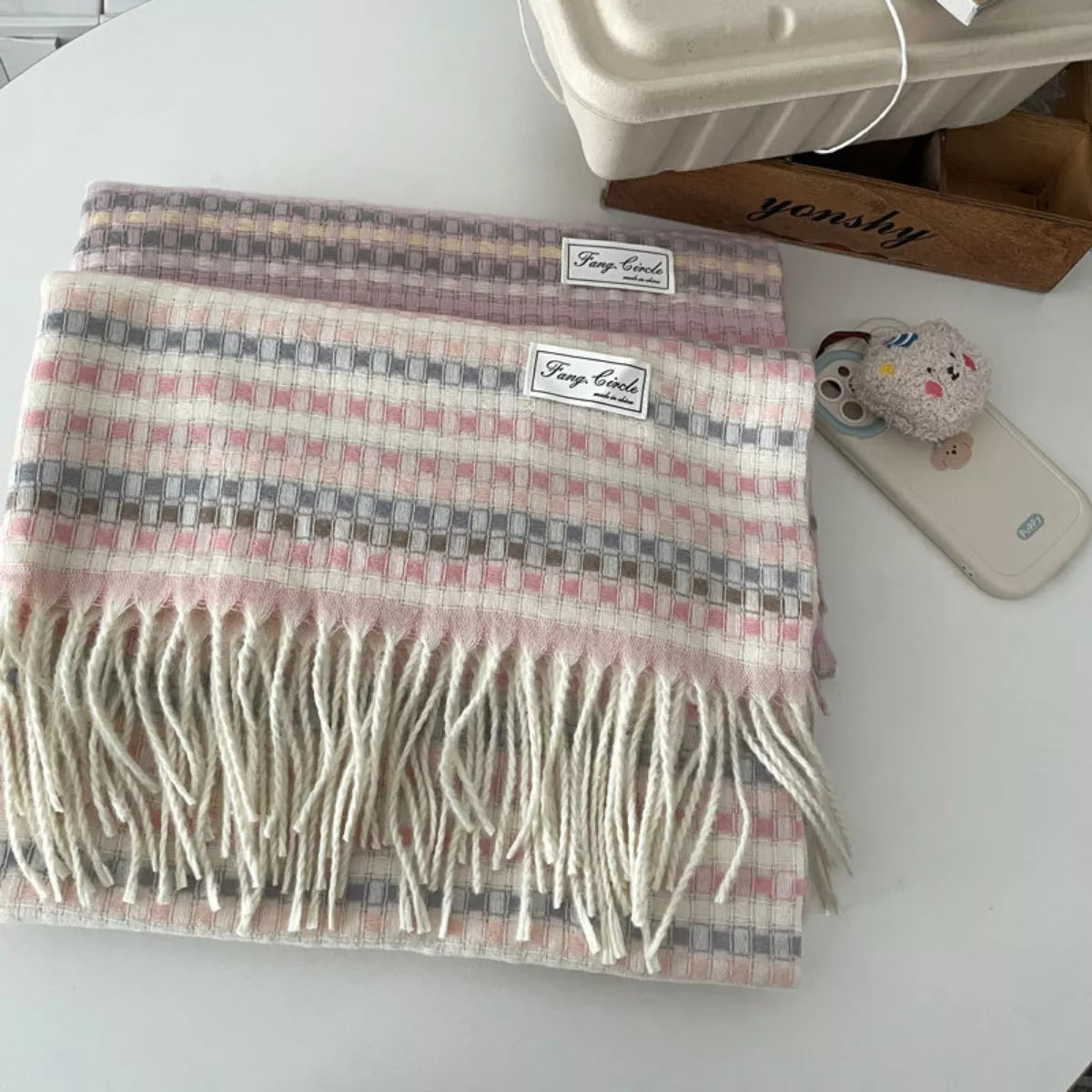 Unisex Soft Patterned Fringe Scarf — beige patterned scarf folded with pale fringe visible
