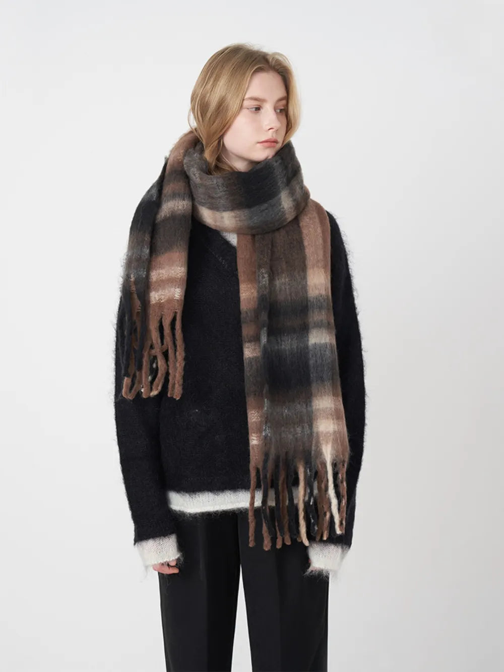 Oversized plaid fringe scarf - product photo 12