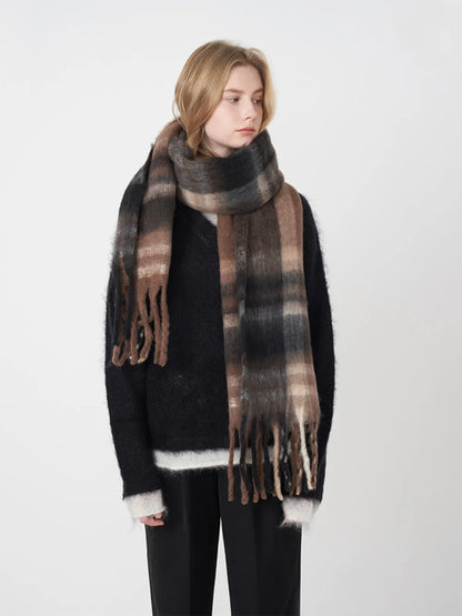 Oversized plaid fringe scarf - product photo 12