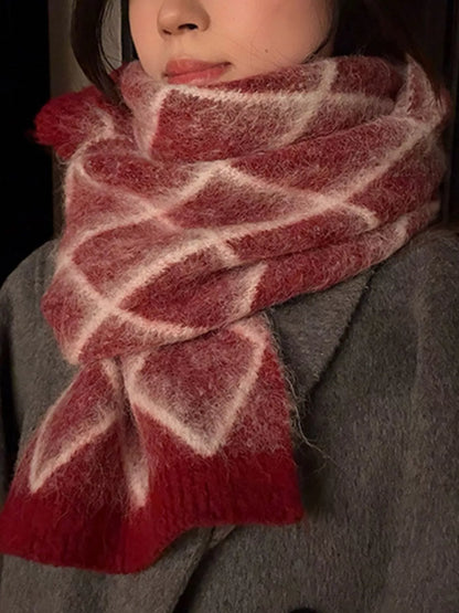 Unisex Diamond Grid Fuzzy Scarf — red geometric scarf worn close to the neckline