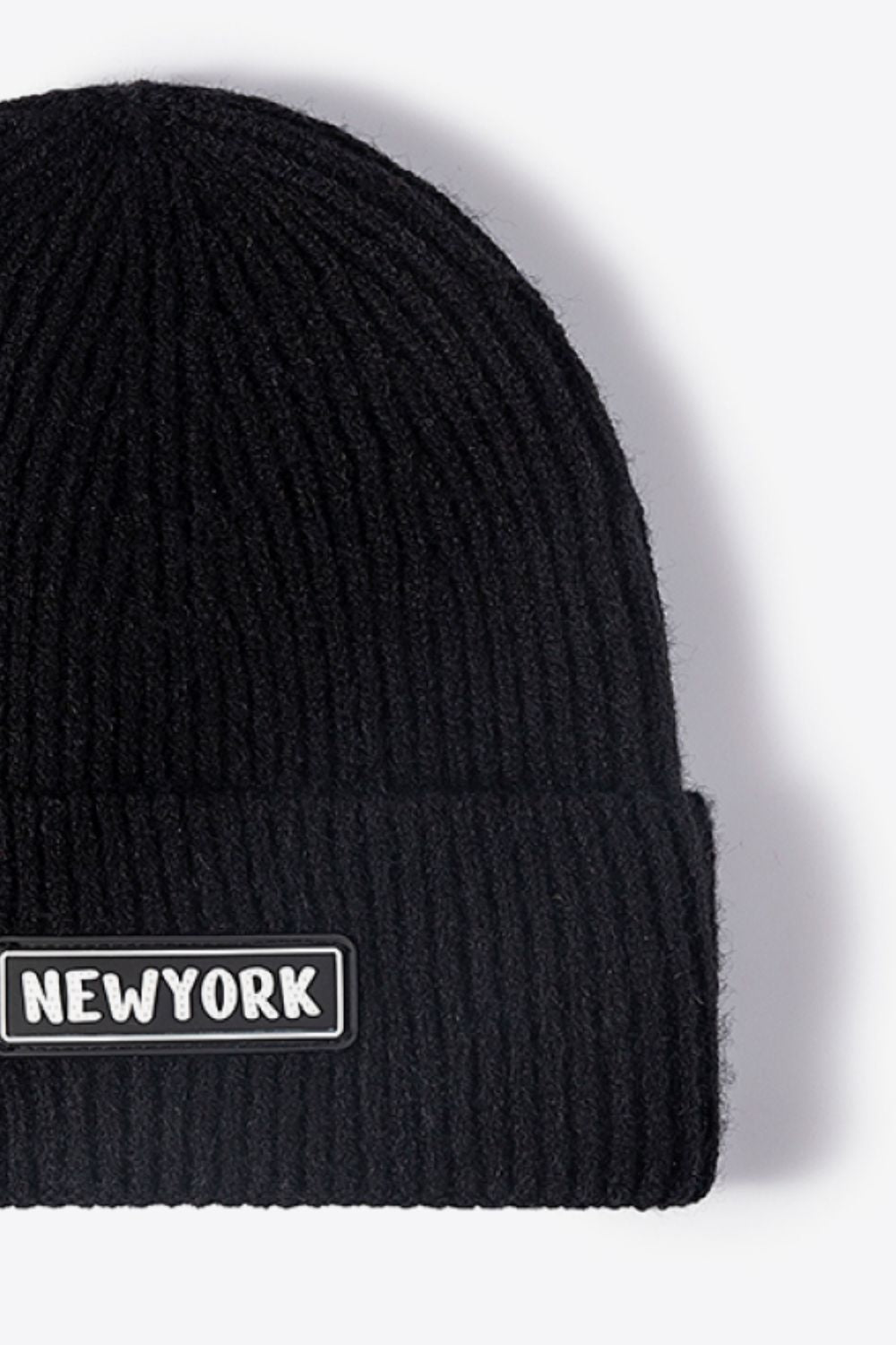 Dark gray patch beanie soft knit texture