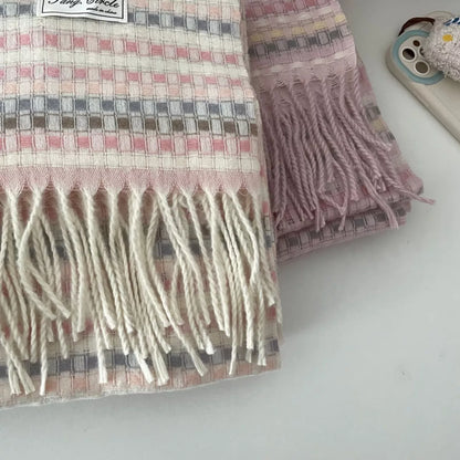 Unisex Soft Patterned Fringe Scarf — close view of patterned scarf bands and long fringe