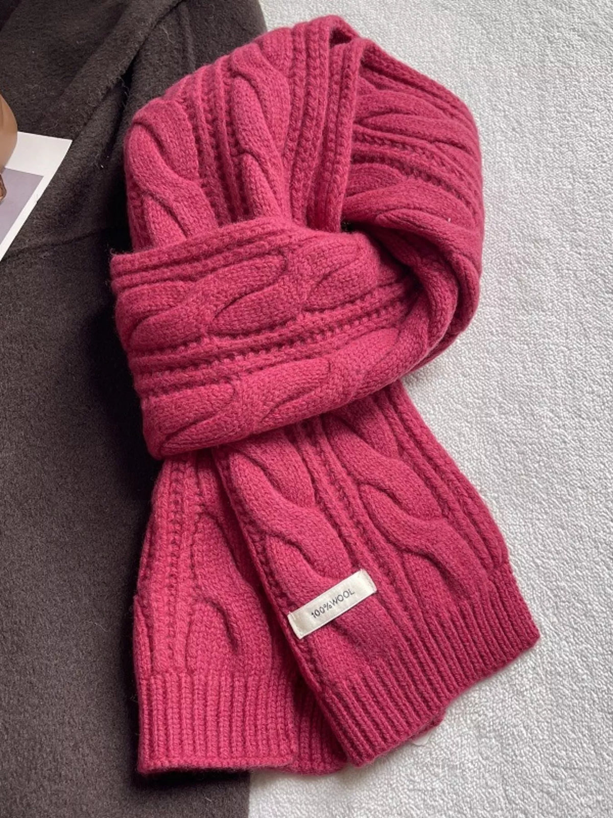 Unisex Wool Cable Knit Winter Scarf — cerise scarf with raised cables and ribbed edging
