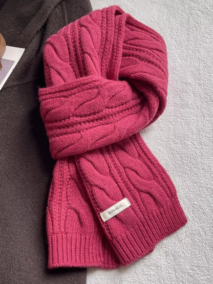Unisex Wool Cable Knit Winter Scarf — cerise scarf with raised cables and ribbed edging