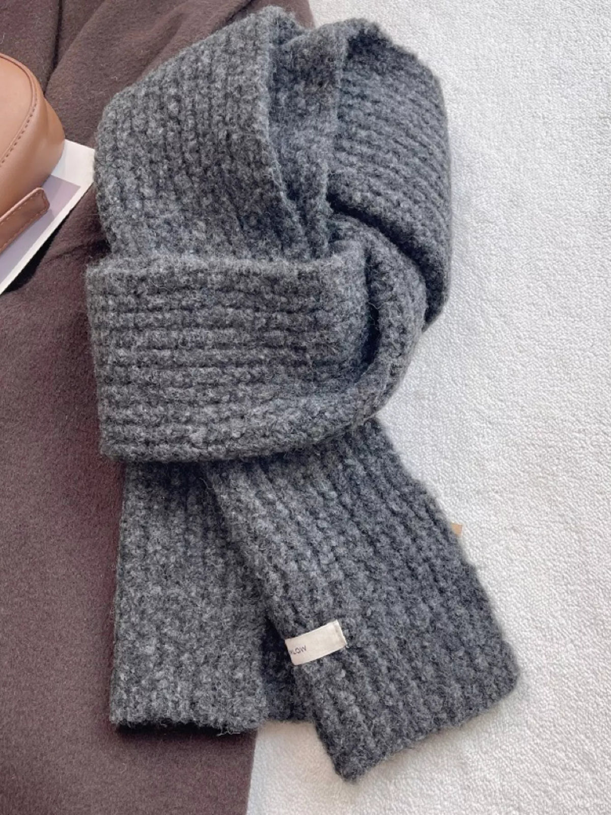 Unisex Cozy Knitted Winter Scarf — 47.2-Inch — dark gray textured scarf tied in a knot