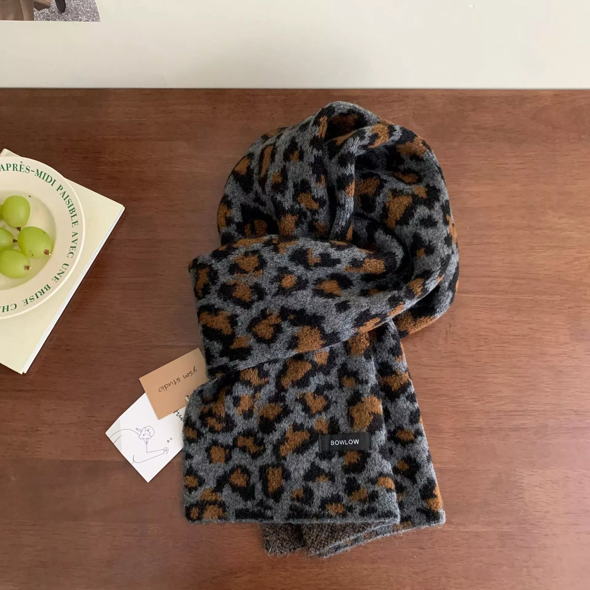 Unisex Animal Print Wool Scarf — blue-toned spotted scarf loosely knotted
