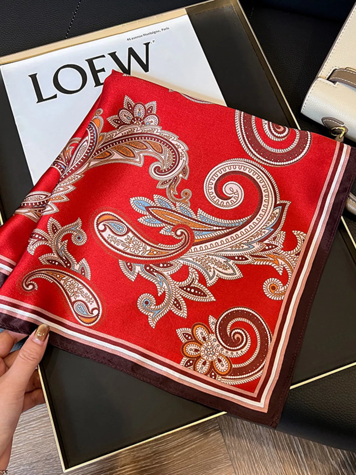 Unisex Vintage Paisley Silk Scarf — close view of red paisley print and contrasting border