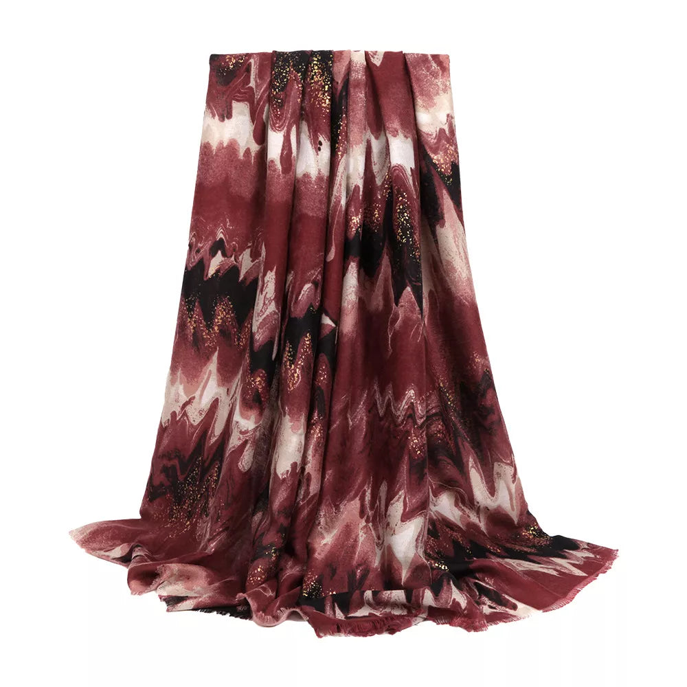 Unisex Abstract Print Lightweight Fashion Scarf — red painterly print scarf draped against a pale background