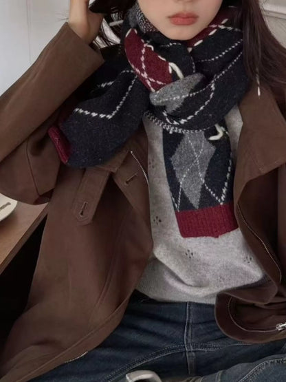 Unisex Classic Argyle Knitted Winter Scarf — dark argyle scarf tied over a brown jacket