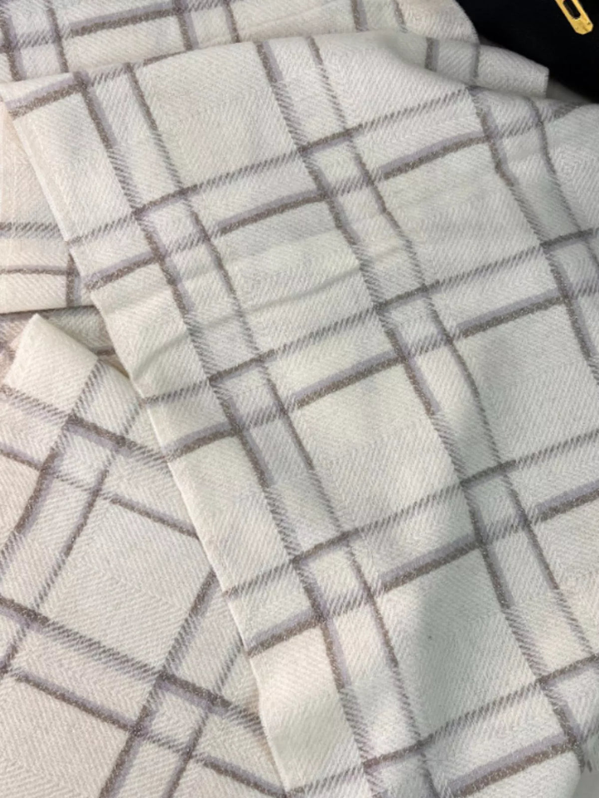 Unisex 100% Wool Raw Hem Plaid Scarf — fine plaid lines shown across the pale scarf