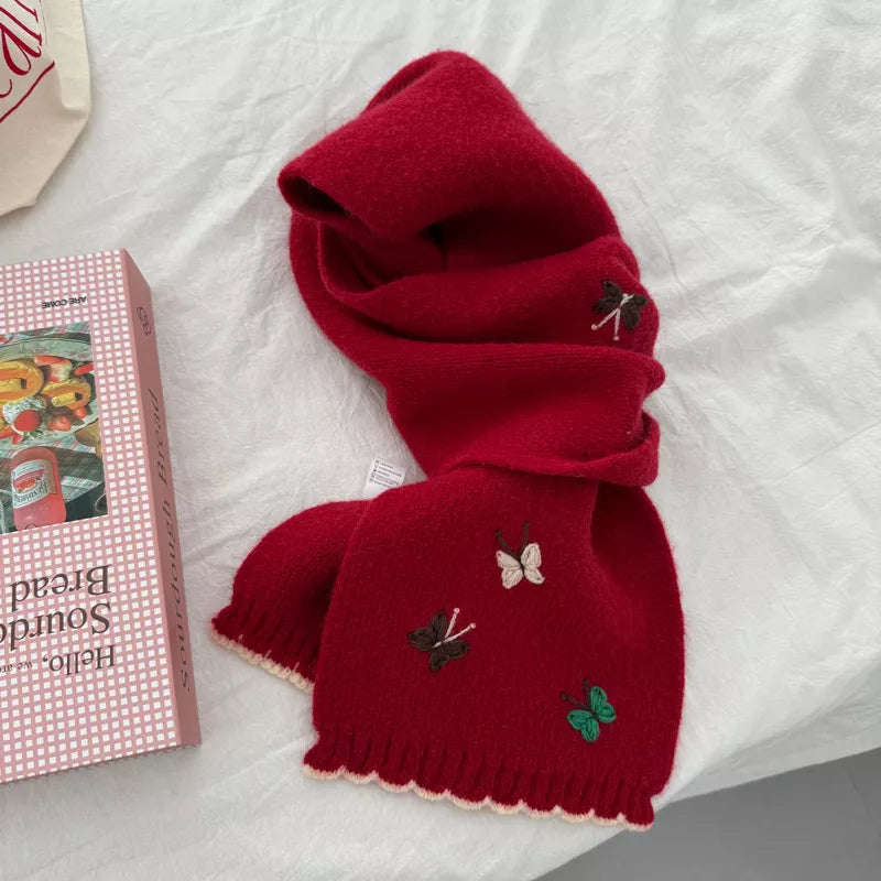 Unisex Butterfly Embroidered Scarf — red butterfly scarf loosely arranged
