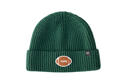 Rey To Z forest Green cuffed beanie with a football patch