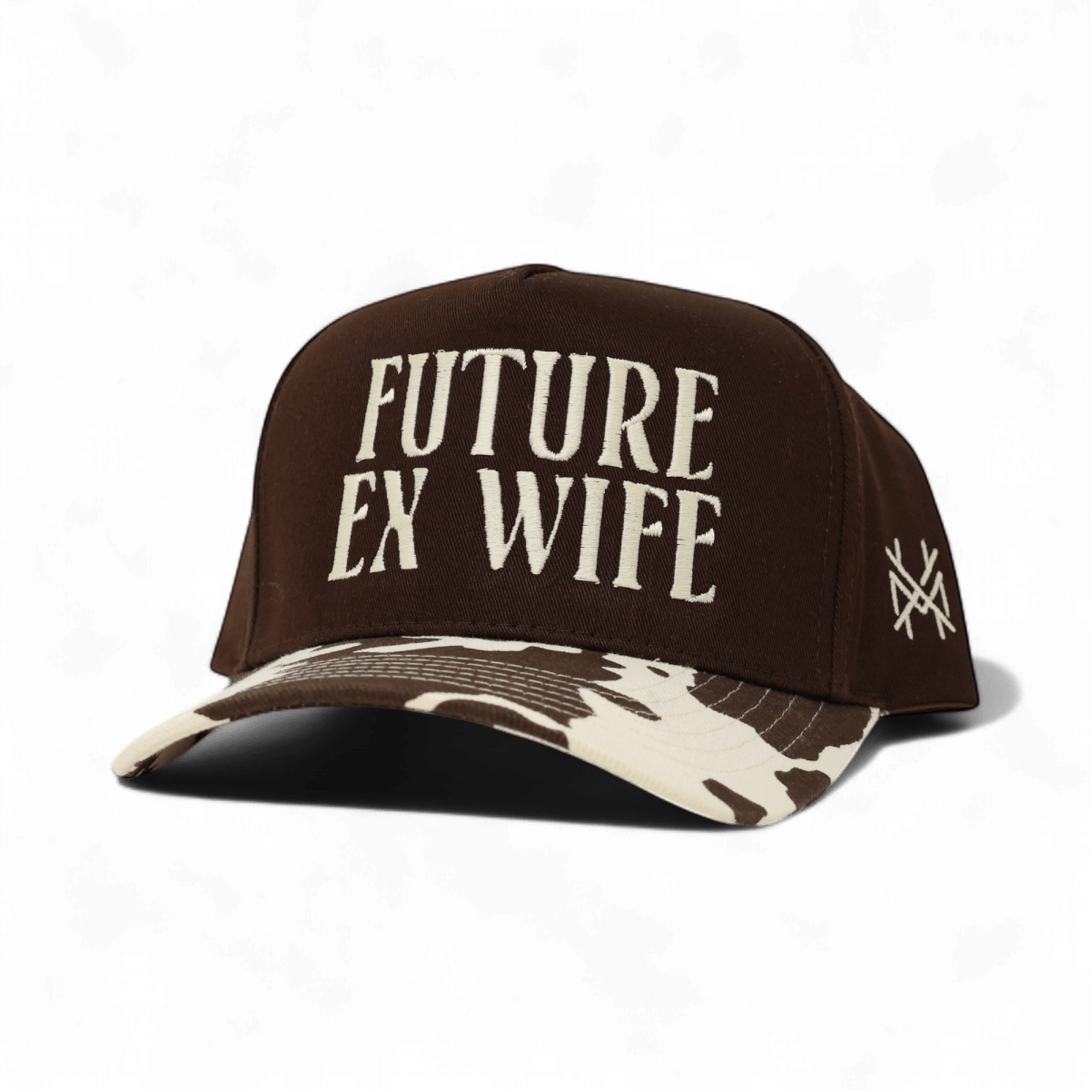 The Mad Hatter Company Future Ex Wife Snapback Hat, brown crown with a cow-print bill and pale lettering