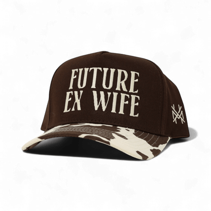 The Mad Hatter Company Future Ex Wife Snapback Hat, brown crown with a cow-print bill and pale lettering