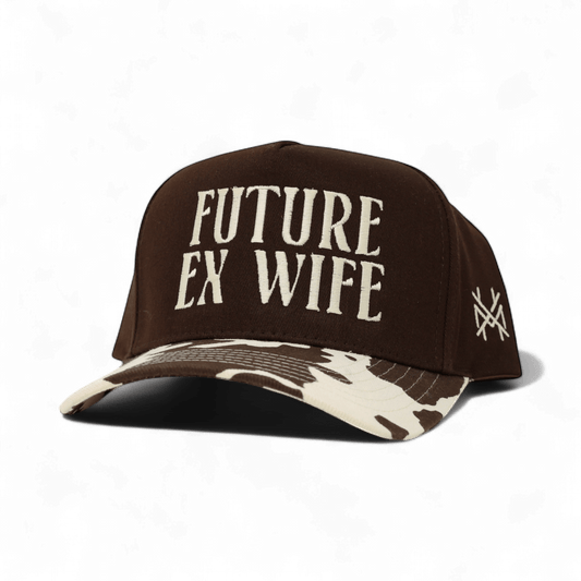 The Mad Hatter Company Future Ex Wife Snapback Hat, brown crown with a cow-print bill and pale lettering