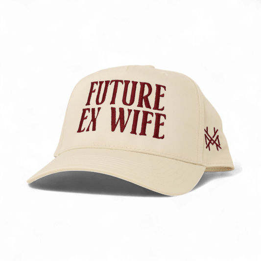 The Mad Hatter Company Future Ex Wife Snapback Hat, natural cap with burgundy Future Ex Wife embroidery