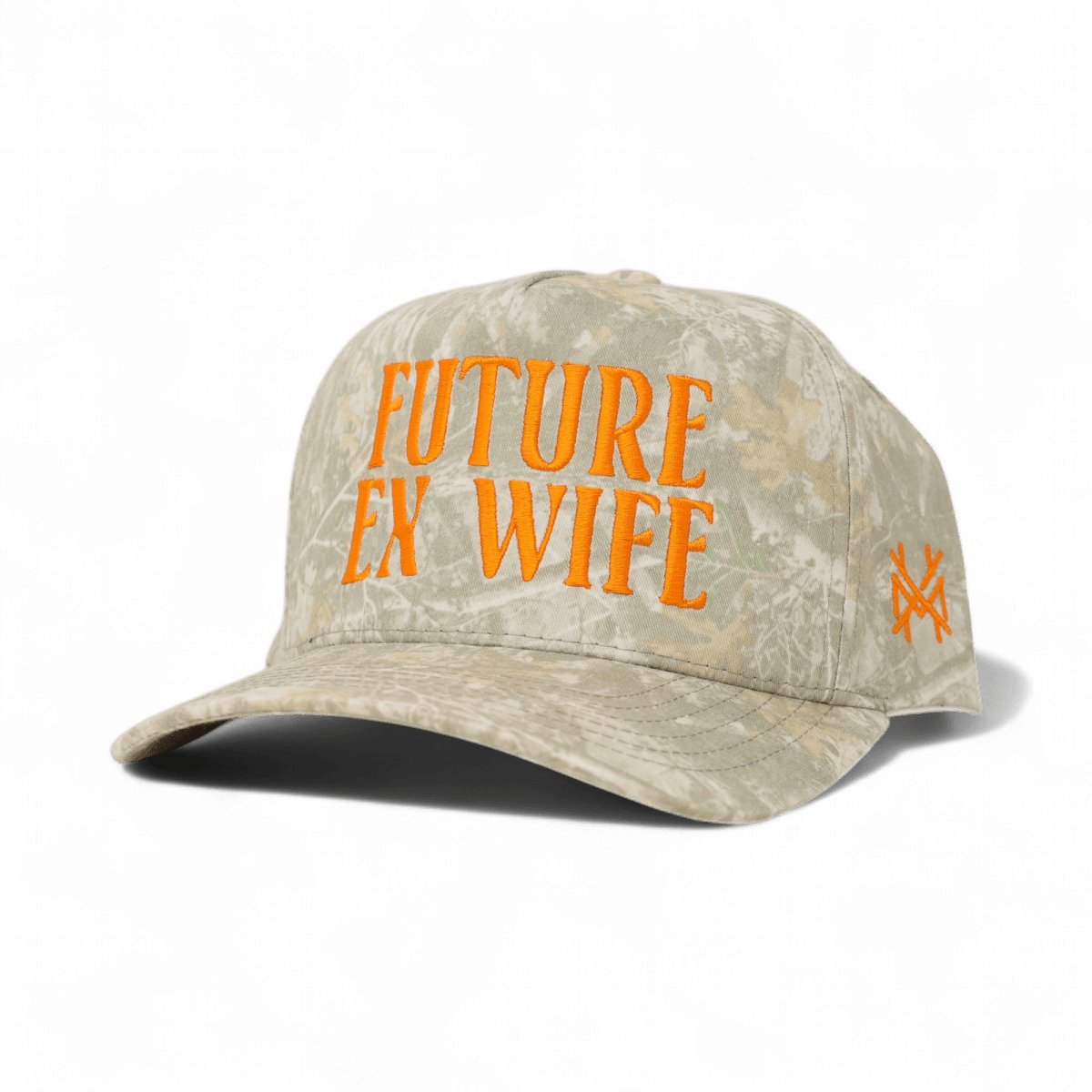 The Mad Hatter Company Future Ex Wife Snapback Hat, camouflage cap with orange embroidered text