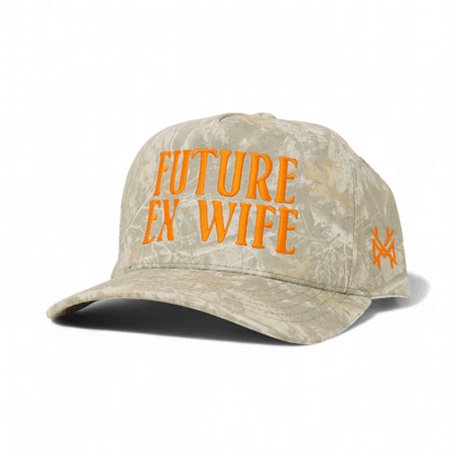 The Mad Hatter Company Future Ex Wife Snapback Hat, camouflage cap with orange embroidered text